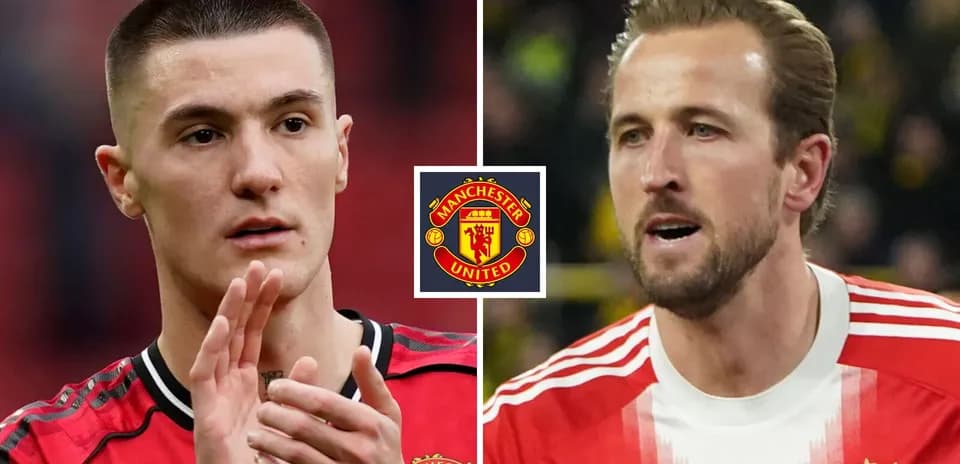 Два футболиста, один в форме Manchester United, другой в форме Bayern
