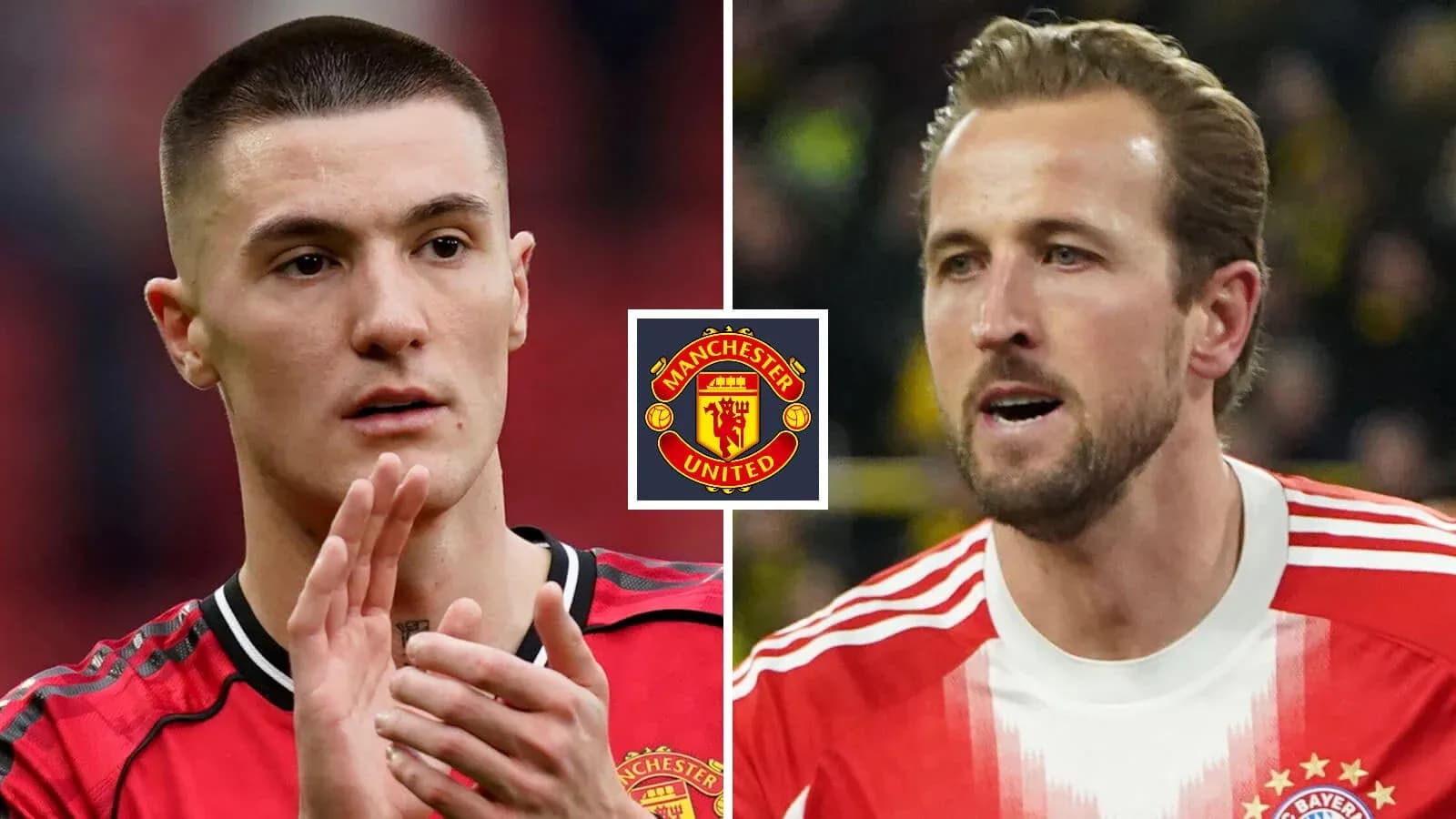 Два футболиста, один в форме Manchester United, другой в форме Bayern