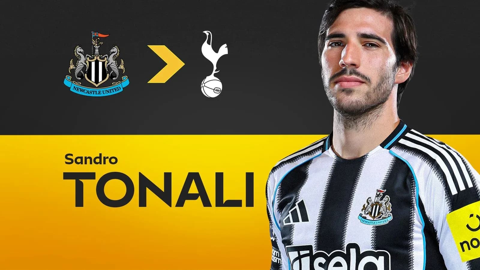 Sandro Tonali in Newcastle United jersey with club logo