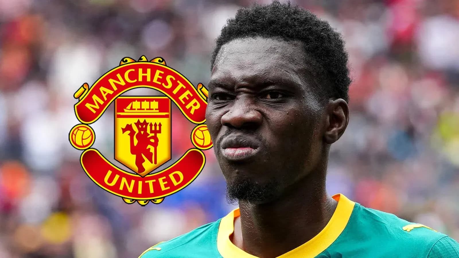 Игрок в форме с логотипом Manchester United на фоне