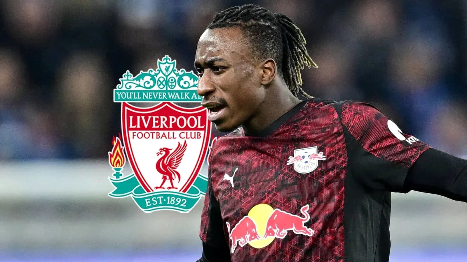 Игрок в форме RB Leipzig с логотипом Ливерпуля Игрок в форме RB Leipzig с логотипом Ливерпуля