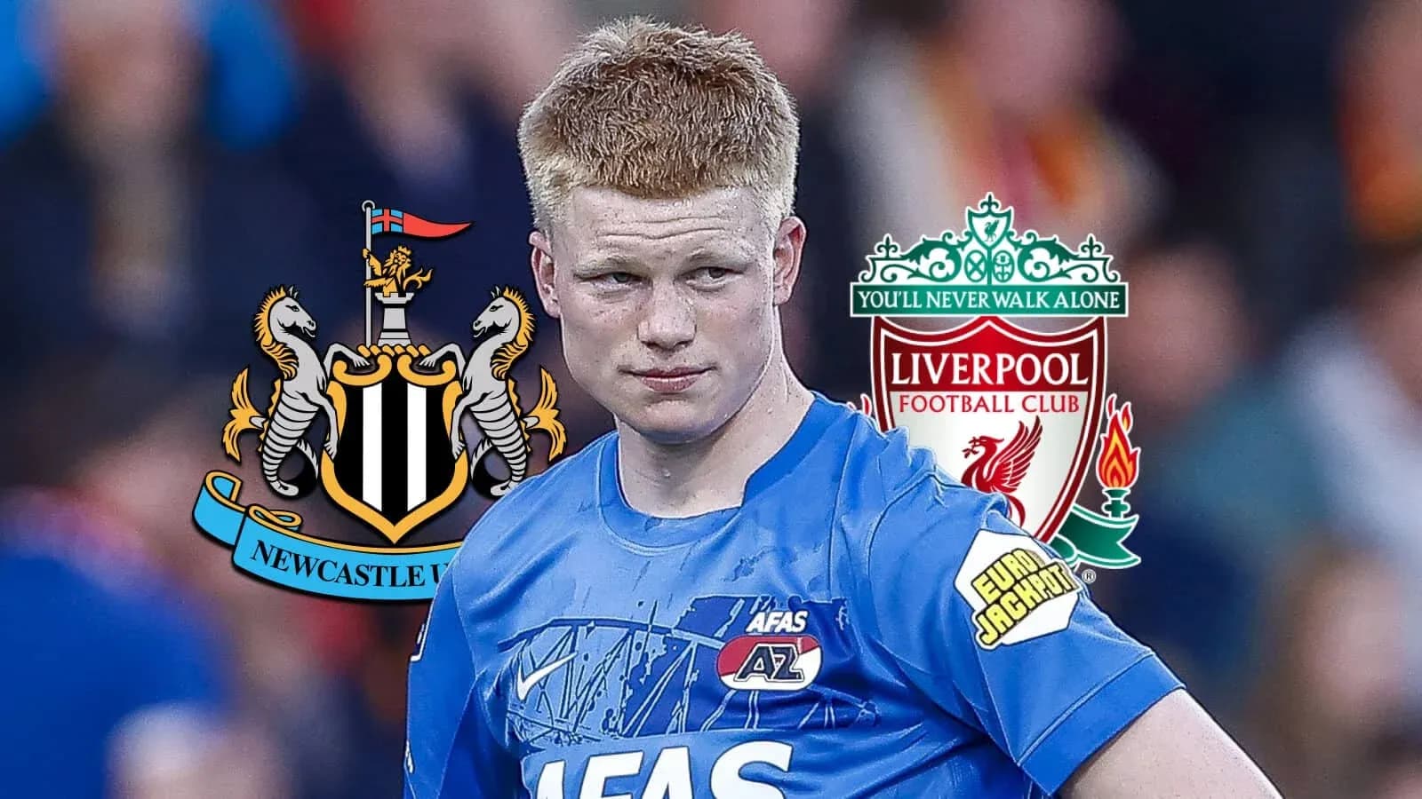 Игрок AZ Alkmaar на фоне логотипов Newcastle и Liverpool Игрок AZ Alkmaar на фоне логотипов Newcastle и Liverpool
